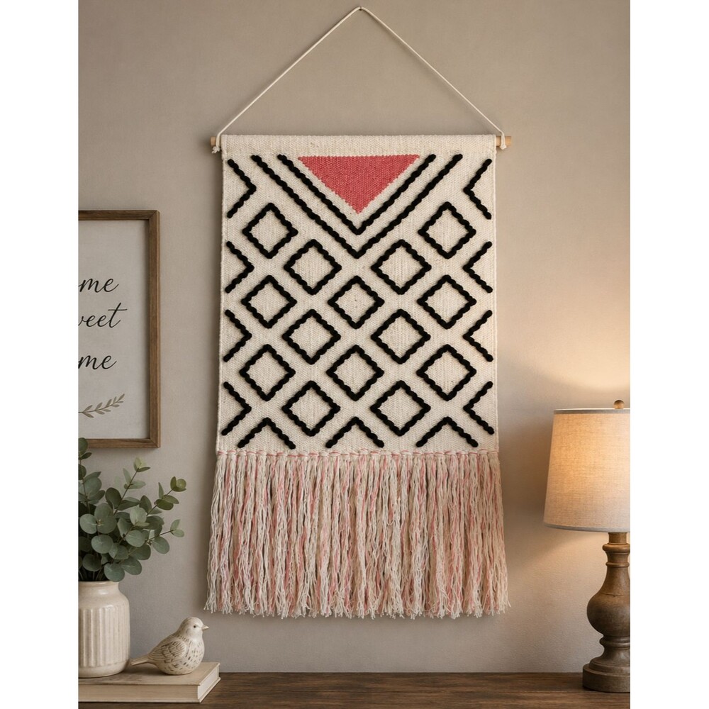 Woven Tapestry Tassled BOHO Wall hanging Art Decor INDIA Chic Textured 36"x21"